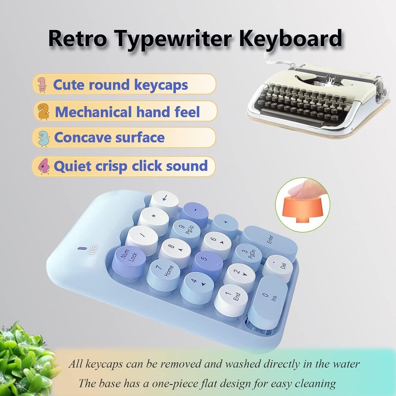 Seaciyan Wireless Number Pad, Ergonomic Cute Colorful Retro Mini Portable Numeric Keypad, 2.4G Cordless External Keyboard for Computer, Laptop (Blue) - Image 3